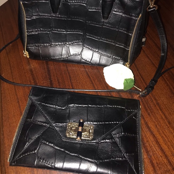 Diane Von Furstenberg DVF Secret Agent Tote Bag Purse Black Croc Embossed HTF - Picture 7 of 16